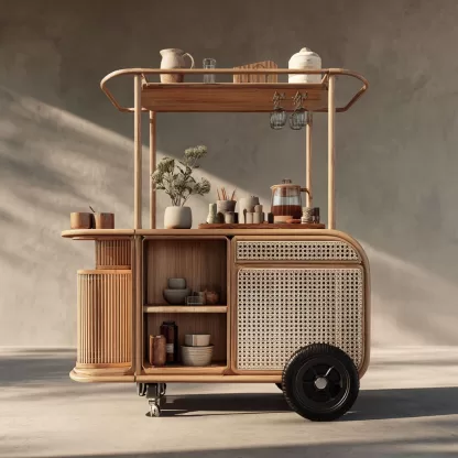 baoyihuang. A natural wood and rattan drink cart with wheels in fced8c2c ae23 44c5 a70a 9b0efcdad429 4
