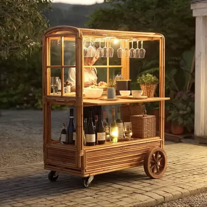 baoyihuang. A picture of an all wood rattan bar cart with wheel 40bfb63c 565d 4634 8a35 f0ca9e438277 1