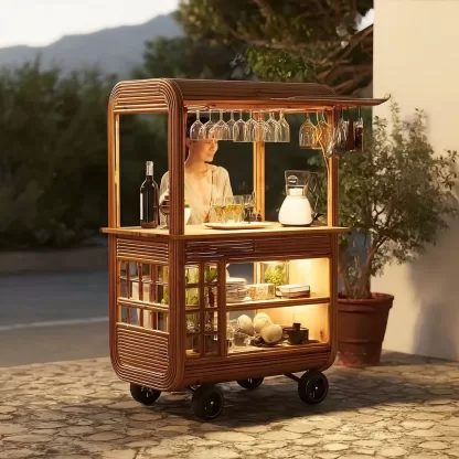 baoyihuang. A picture of an all wood rattan bar cart with wheel 40bfb63c 565d 4634 8a35 f0ca9e438277 2