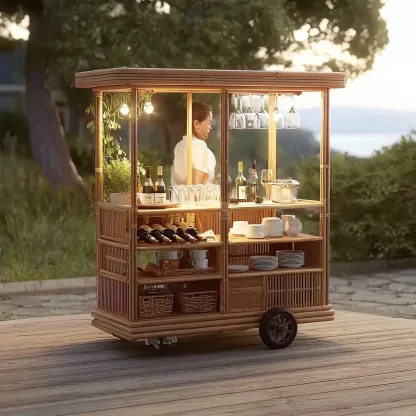 baoyihuang. A picture of an all wood rattan bar cart with wheel 40bfb63c 565d 4634 8a35 f0ca9e438277 3