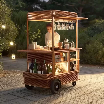 baoyihuang. A picture of an all wood rattan bar cart with wheel 40bfb63c 565d 4634 8a35 f0ca9e438277 4