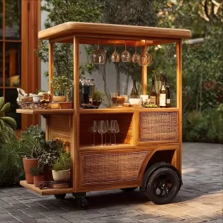 baoyihuang. A picture of an all wood rattan bar cart with wheel 97896173 5e59 4b34 959a 7c38d1144d93 4