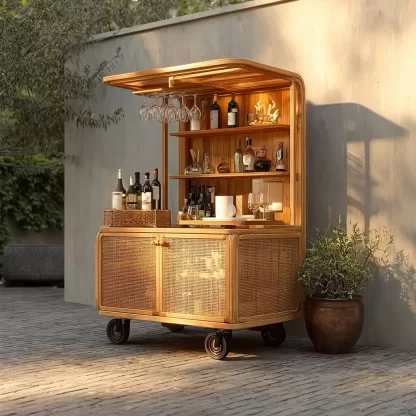 baoyihuang. A picture of an all wood rattan bar cart with wheel a2d653e1 983f 484a 9a37 193b51c525c1 3
