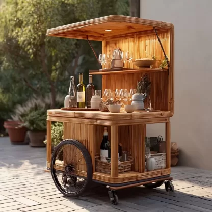 baoyihuang. A picture of an all wood rattan bar cart with wheel b5cba84a f8f3 434e b67c e481c4c23523 3