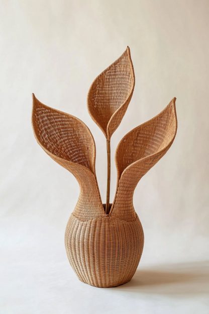 Nordic-style rattan leaf decorations are used on the living room table to complement real flower bouquets
