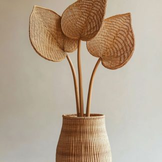 A small living room dining table ornament made of rattan fabric with a French retro and antique style, featuring artificial flowers