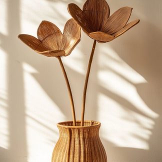 The Nordic-style rattan and bamboo woven basket vase is used as a decorative item for the living room dining table