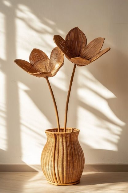 The Nordic-style rattan and bamboo woven basket vase is used as a decorative item for the living room dining table