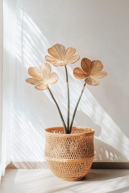 Simple style living room dining table decoration, ironwork leaf real vase decoration, hand-woven creative rattan vase