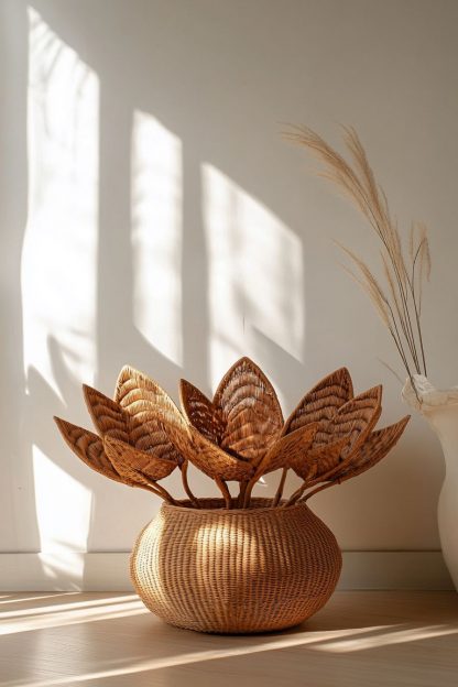 Simple style living room dining table decoration, ironwork leaf real vase decoration, hand-woven creative rattan vase