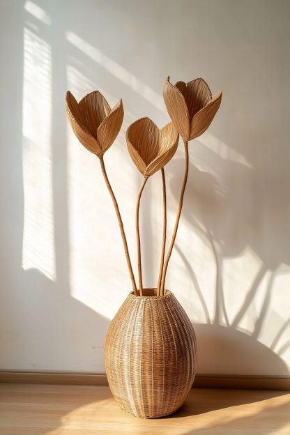 Simple style living room dining table decoration, ironwork leaf real vase decoration, hand-woven creative rattan vase - Image 2