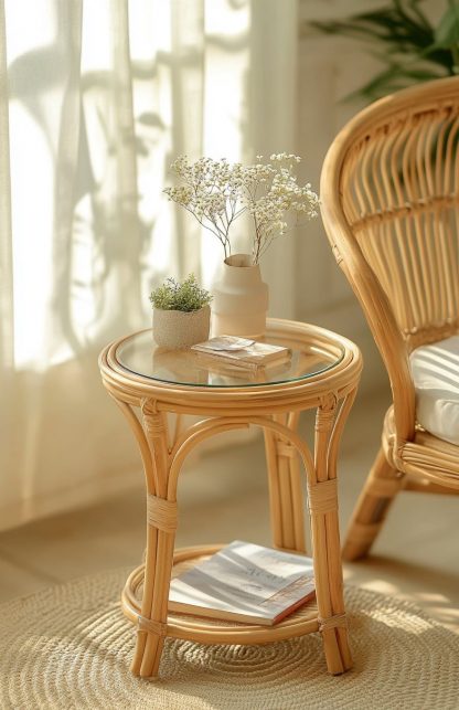 A round European-style coffee table made of rattan, an aged round table, and a bamboo and rattan sofa - Image 9