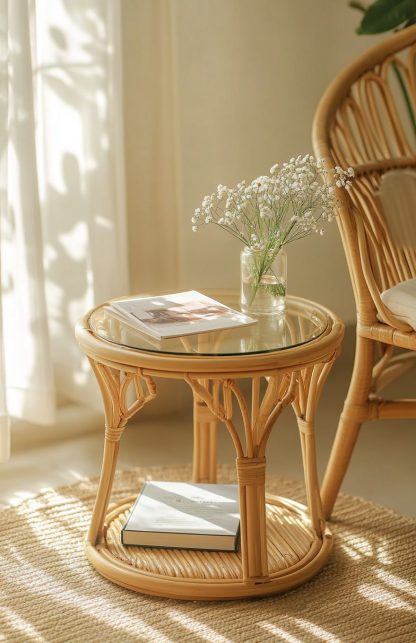 A round European-style coffee table made of rattan, an aged round table, and a bamboo and rattan sofa - Image 8