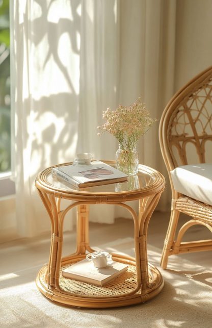 A round European-style coffee table made of rattan, an aged round table, and a bamboo and rattan sofa - Image 7