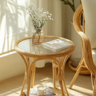 A round European-style coffee table made of rattan, an aged round table, and a bamboo and rattan sofa