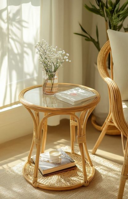 A round European-style coffee table made of rattan, an aged round table, and a bamboo and rattan sofa