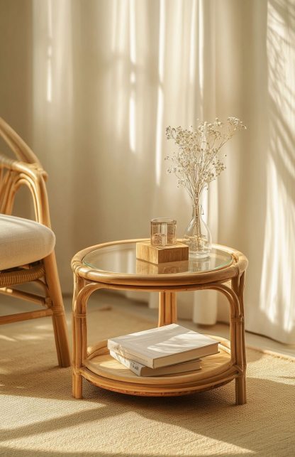 European-style rattan woven glass storage rack, household coffee table, round table, bamboo and rattan craftsmanship - Image 9