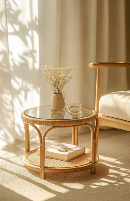 European-style rattan woven glass storage rack, household coffee table, round table, bamboo and rattan craftsmanship - Image 8