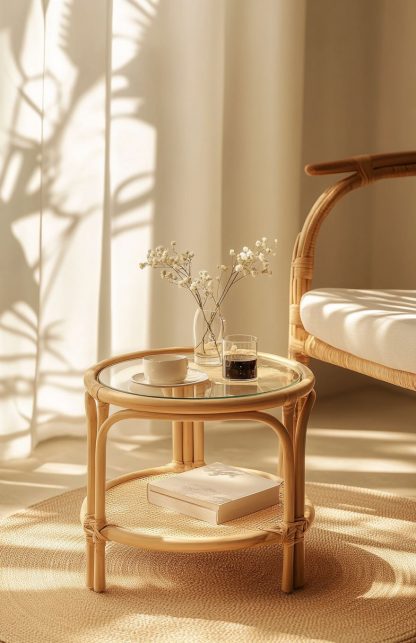 European-style rattan woven glass storage rack, household coffee table, round table, bamboo and rattan craftsmanship - Image 7