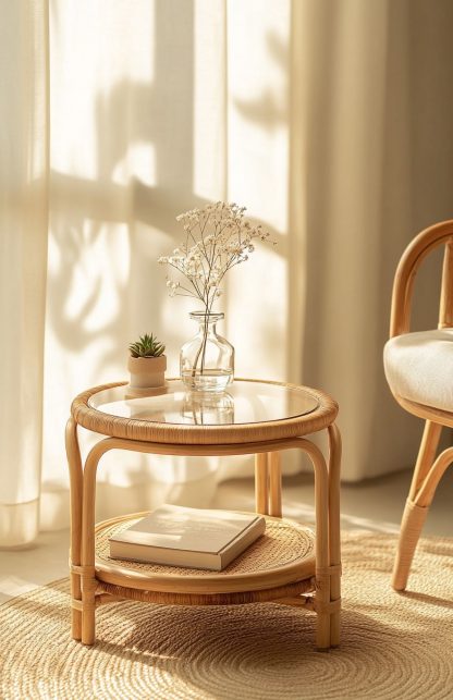 European-style rattan woven glass storage rack, household coffee table, round table, bamboo and rattan craftsmanship - Image 6