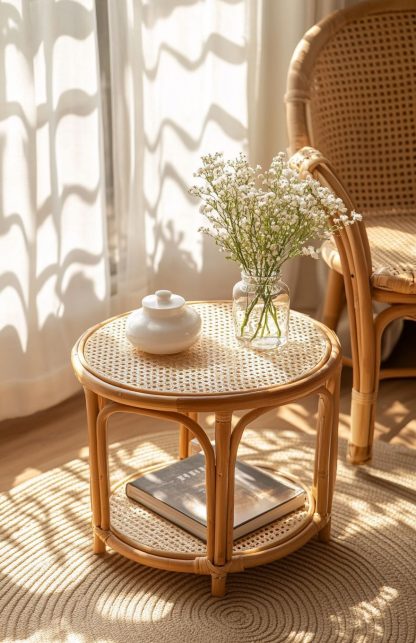 A round European-style coffee table made of rattan, an aged round table, and a bamboo and rattan sofa - Image 5