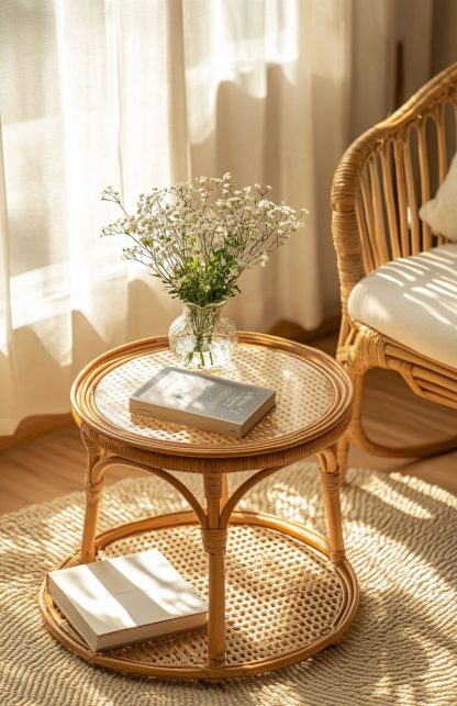 A round European-style coffee table made of rattan, an aged round table, and a bamboo and rattan sofa - Image 4
