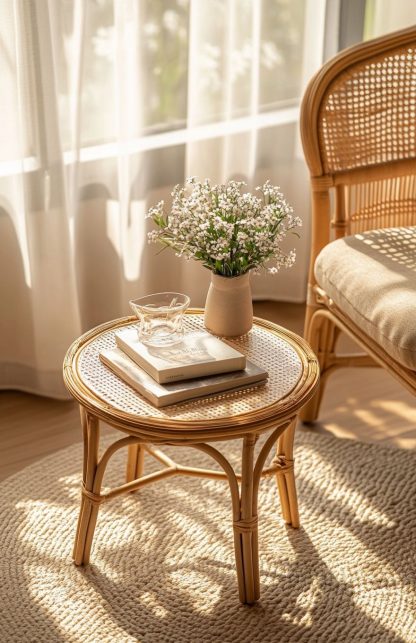 A round European-style coffee table made of rattan, an aged round table, and a bamboo and rattan sofa - Image 3