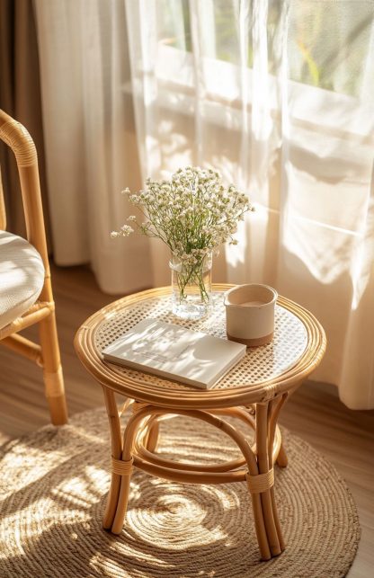 A round European-style coffee table made of rattan, an aged round table, and a bamboo and rattan sofa - Image 2