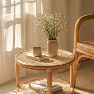 A small coffee table made of rattan in Vietnam, a creative small side table for the living room, a snack and fruit plate, and a small table