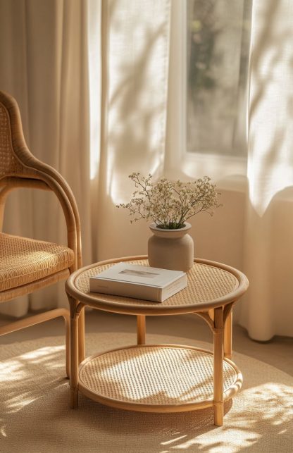 European-style rattan woven glass storage rack, household coffee table, round table, bamboo and rattan craftsmanship