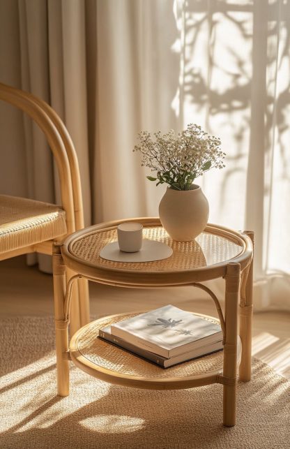 European-style rattan woven glass storage rack, household coffee table, round table, bamboo and rattan craftsmanship - Image 2
