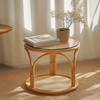 Home coffee table, simple glass craftsmanship, European retro rattan weaving, folk custom splicing shelf - Image 3