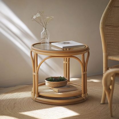 Nordic storage rack, bamboo and rattan craftsmanship, balcony complete set, round rattan woven simple coffee table, European style - Image 9