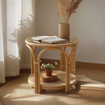Nordic storage rack, bamboo and rattan craftsmanship, balcony complete set, round rattan woven simple coffee table, European style - Image 8