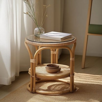Nordic storage rack, bamboo and rattan craftsmanship, balcony complete set, round rattan woven simple coffee table, European style - Image 7