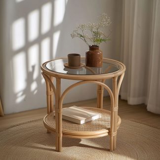 Nordic storage rack, bamboo and rattan craftsmanship, balcony complete set, round rattan woven simple coffee table, European style