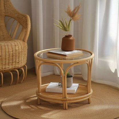 Home coffee table, simple glass craftsmanship, European retro rattan weaving, folk custom splicing shelf - Image 9