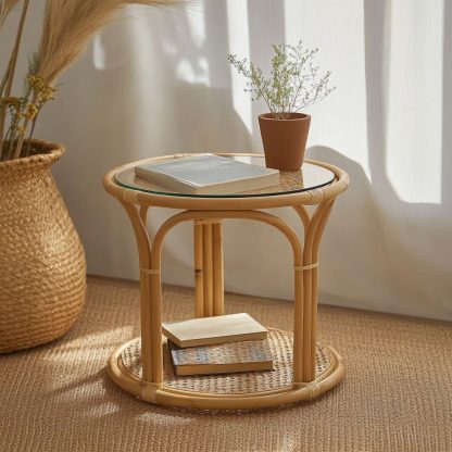 Home coffee table, simple glass craftsmanship, European retro rattan weaving, folk custom splicing shelf - Image 8