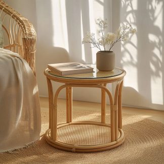 Home coffee table, simple glass craftsmanship, European retro rattan weaving, folk custom splicing shelf