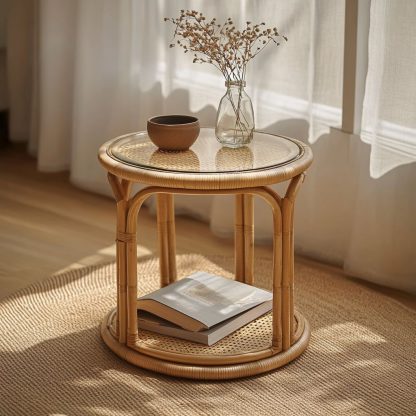 Nordic storage rack, bamboo and rattan craftsmanship, balcony complete set, round rattan woven simple coffee table, European style - Image 5