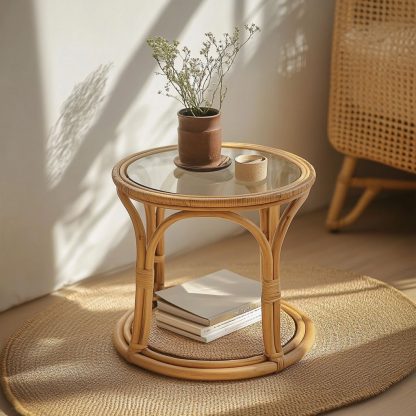 Nordic storage rack, bamboo and rattan craftsmanship, balcony complete set, round rattan woven simple coffee table, European style - Image 4