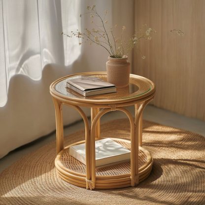 Nordic storage rack, bamboo and rattan craftsmanship, balcony complete set, round rattan woven simple coffee table, European style - Image 3