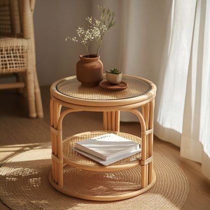 Nordic storage rack, bamboo and rattan craftsmanship, balcony complete set, round rattan woven simple coffee table, European style - Image 2