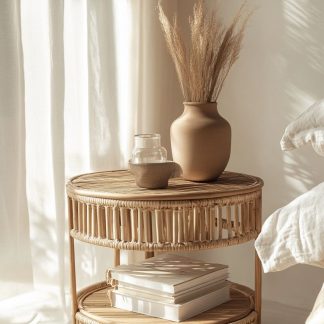 Wicker round table, bay window balcony, low coffee table, handcrafted bamboo face, small apartment side table, picnic outdoor round table
