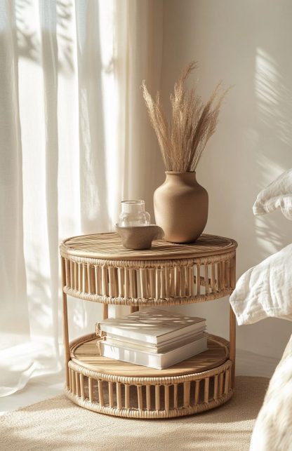 Wicker round table, bay window balcony, low coffee table, handcrafted bamboo face, small apartment side table, picnic outdoor round table