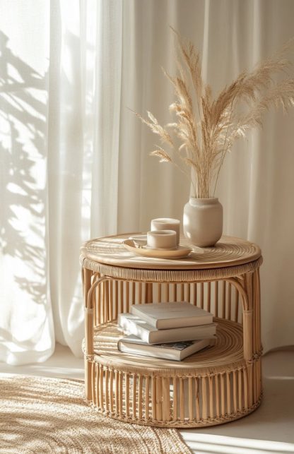 Wicker round table, bay window balcony, low coffee table, handcrafted bamboo face, small apartment side table, picnic outdoor round table - Image 3