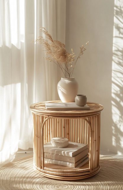 Wicker round table, bay window balcony, low coffee table, handcrafted bamboo face, small apartment side table, picnic outdoor round table - Image 2
