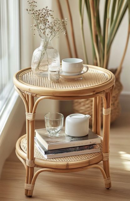 Japanese-style mobile storage wicker coffee table, rust-proof, round spray paint, simple Nordic style