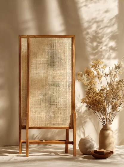 Wabi-sabi style rattan screen partition, living room entrance foyer, mobile folding storage bookshelf background - Image 2