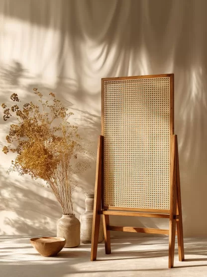 Wabi-sabi style rattan screen partition, living room entrance foyer, mobile folding storage bookshelf background - Image 4